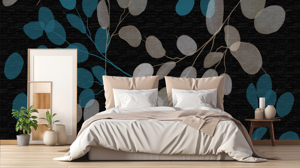 fotoinserimento-pattern-fiori-nero su camera da letto